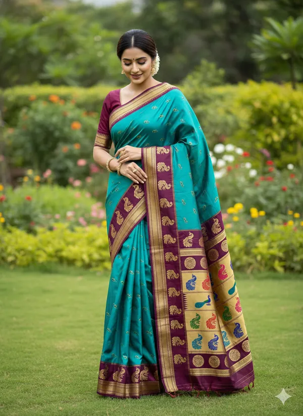 Peacock_Teal_Soft_Silk_Aryahi_Kadiyal_Paithani_Saree_For_Women